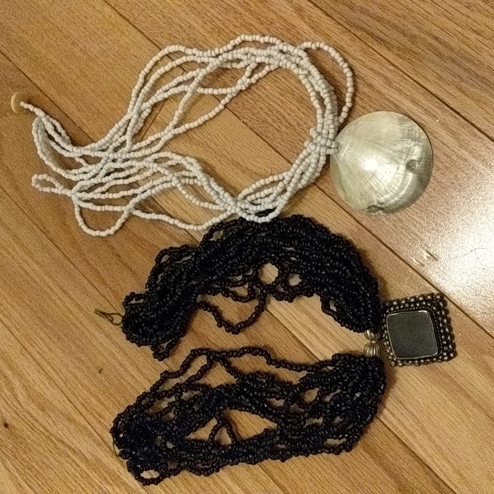2 bead strand necklaces, black and white